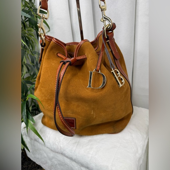 Dooney Bourke Suede Leather Drawstring Bucket Shoulder Bag in Cognac/Tan - Picture 2 of 15